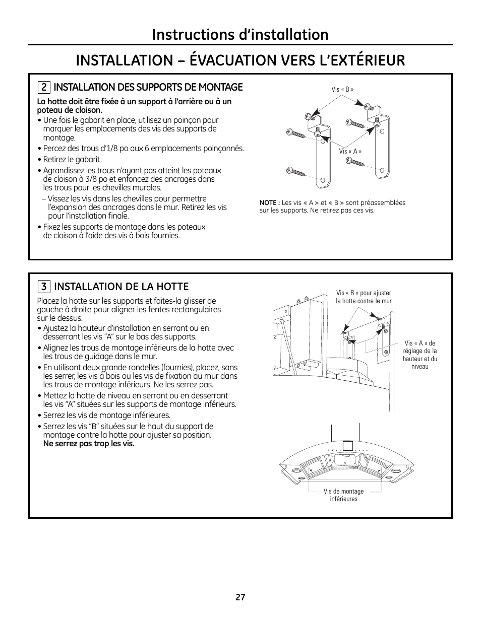 Étape 2, installation des supports de montage, Étape 3, installation de la hotte, Installation des supports de montage | Installation de la hotte | GE Monogram ZV755 User Manual | Page 27 / 56