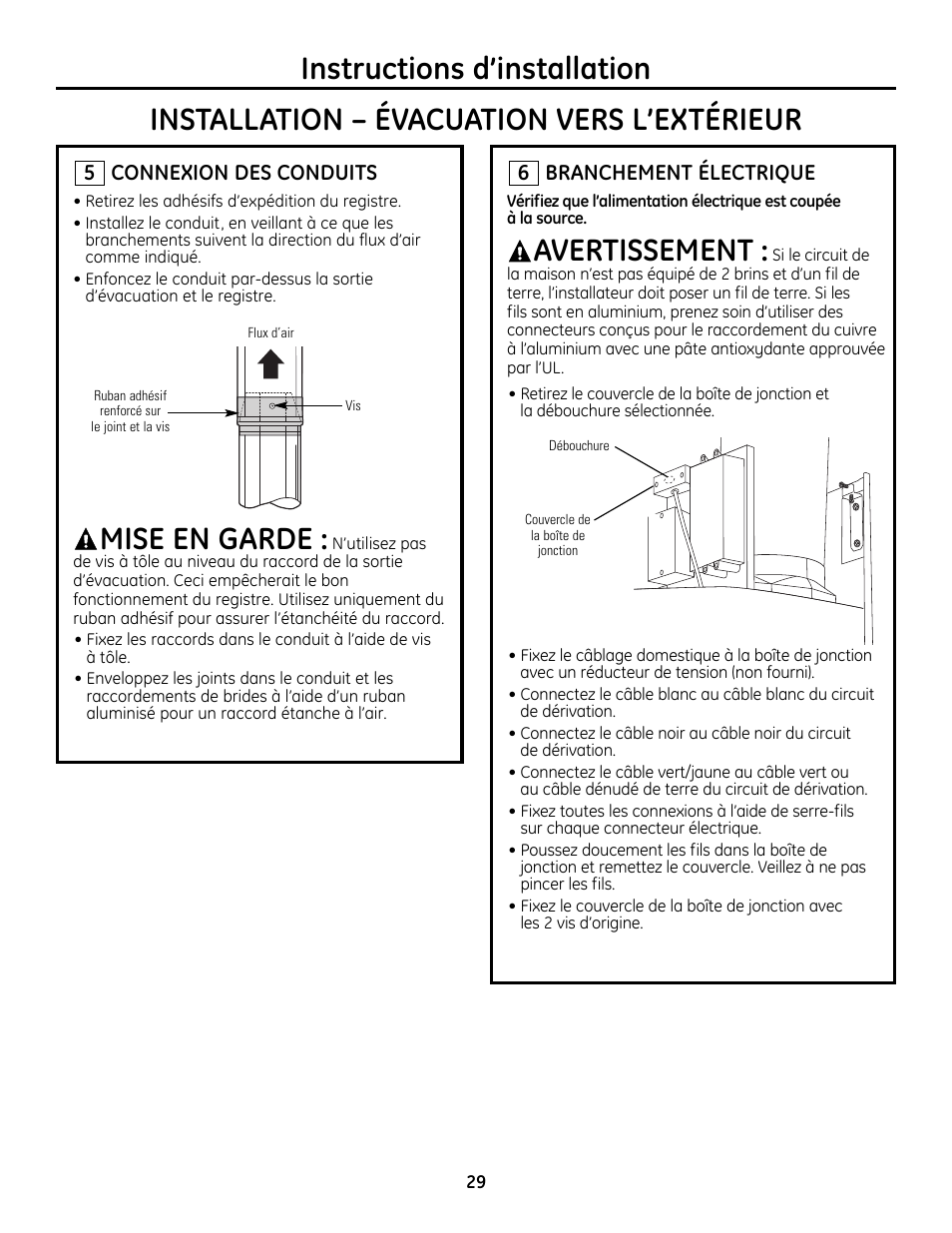 Étape 5, raccordement des conduits, Étape 6, branchement électrique, Mise en garde | Avertissement | GE Monogram ZV755 User Manual | Page 29 / 56