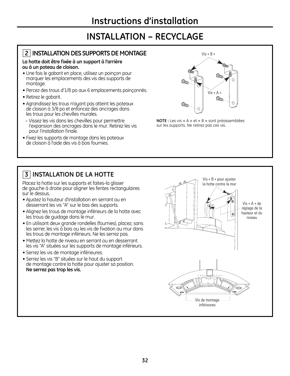 Étape 2, installation des supports de montage, Étape 3, installation de la hotte, Installation des supports de montage | Installation de la hotte | GE Monogram ZV755 User Manual | Page 32 / 56