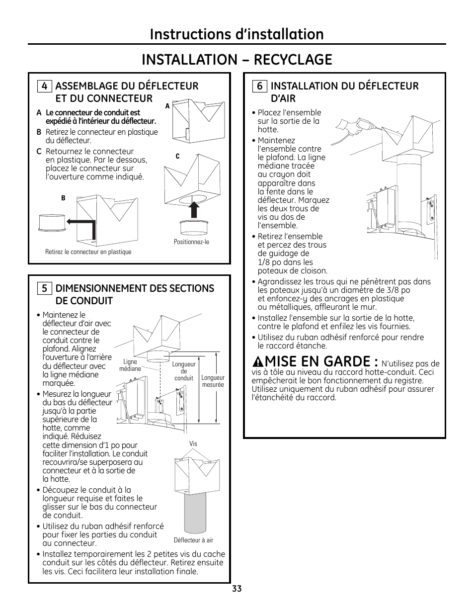 Étape 4, assemblage du déflecteur et du connecteur, Étape 6, installation du déflecteur d’air, Mise en garde | Assemblage du déflecteur et du connecteur, 4installation du déflecteur d’air | GE Monogram ZV755 User Manual | Page 33 / 56