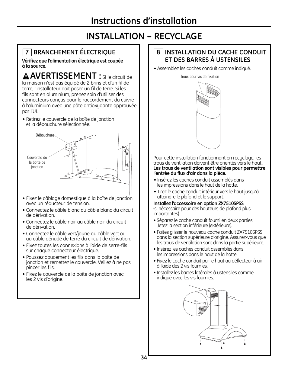 Étape 7, branchement électrique, Étape 8, installation du cache, De conduit et des barres à ustensiles | Avertissement | GE Monogram ZV755 User Manual | Page 34 / 56