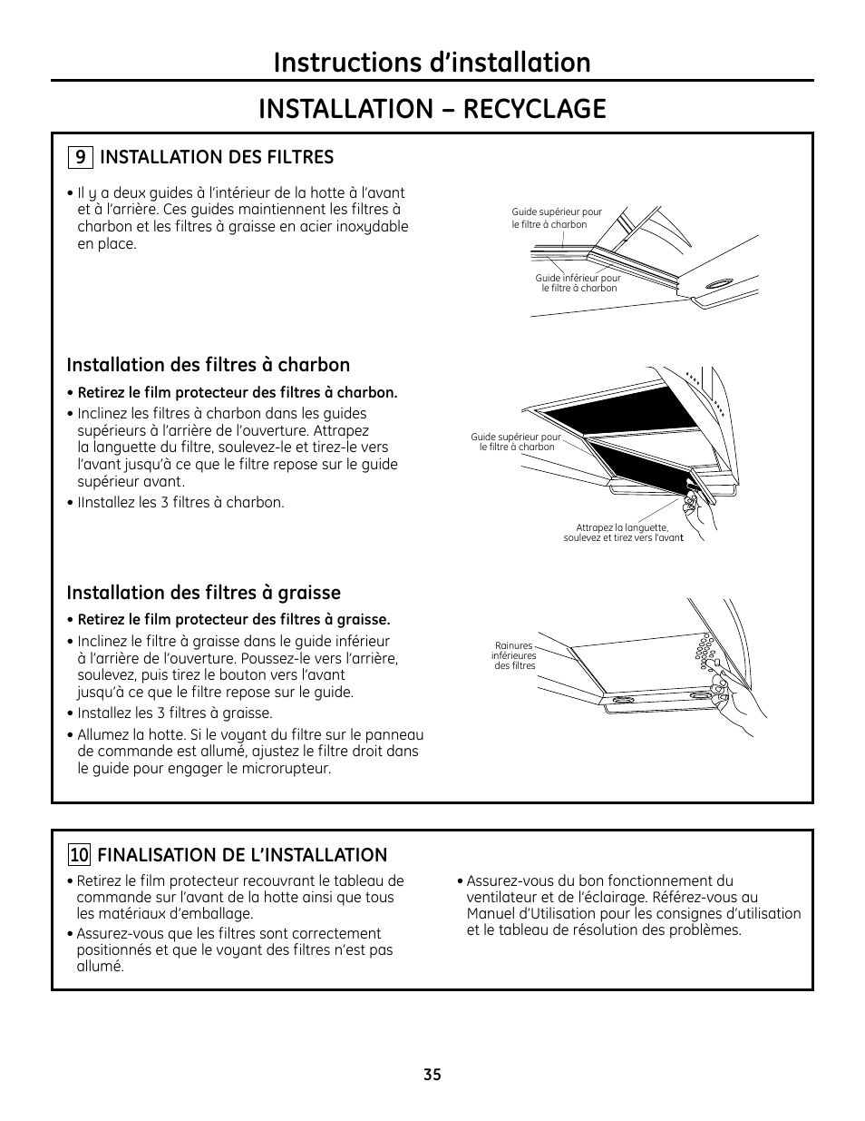 Étape 9, installation des filtres, Étape 10, finalisation de l’installation, Installation des filtres | Installation des filtres à charbon, Installation des filtres à graisse, Finalisation de l’installation | GE Monogram ZV755 User Manual | Page 35 / 56