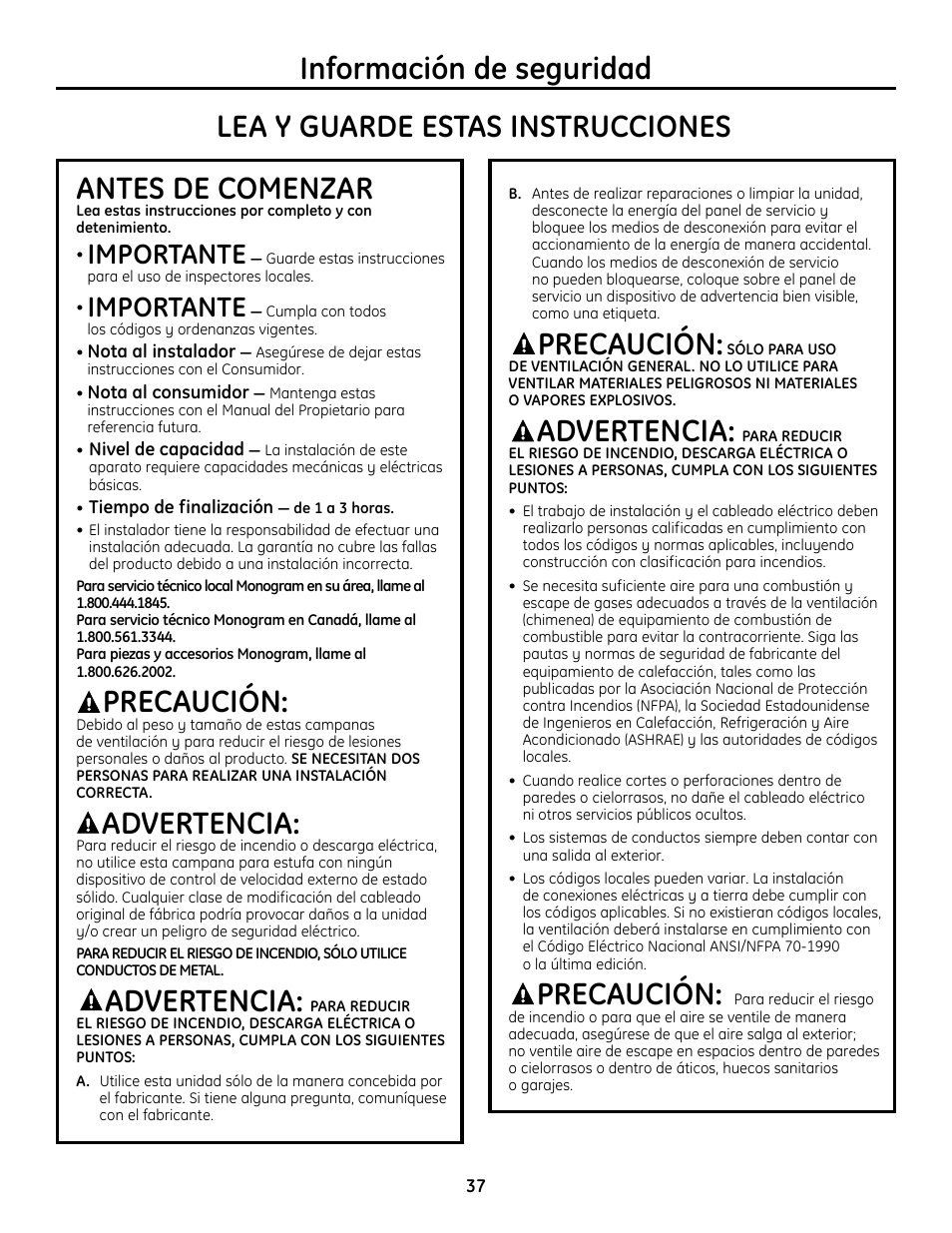 10724-1 spanish, Información de seguridad antes de comenzar, Precaución | Advertencia, Lea y guarde estas instrucciones, Importante | GE Monogram ZV755 User Manual | Page 37 / 56