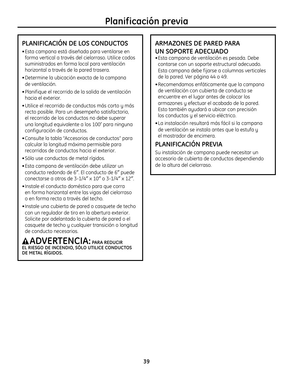 Planificación previa, Planificación de los conductos, Armazones de pared para un soporte adecuado | Advertencia | GE Monogram ZV755 User Manual | Page 39 / 56
