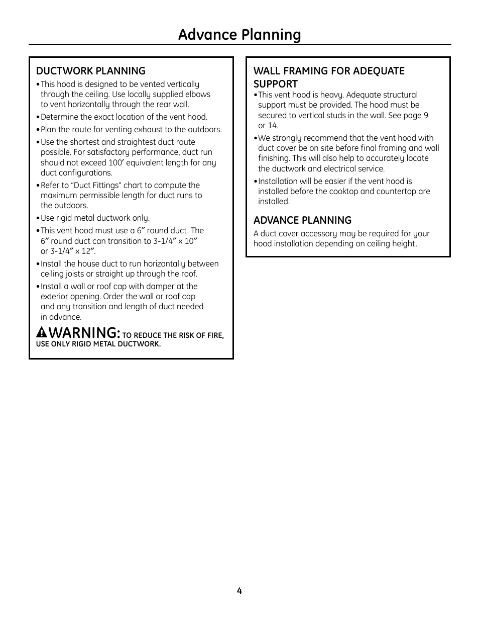 Advance planning, Ductwork planning, Wall framing for adequate support | Warning | GE Monogram ZV755 User Manual | Page 4 / 56