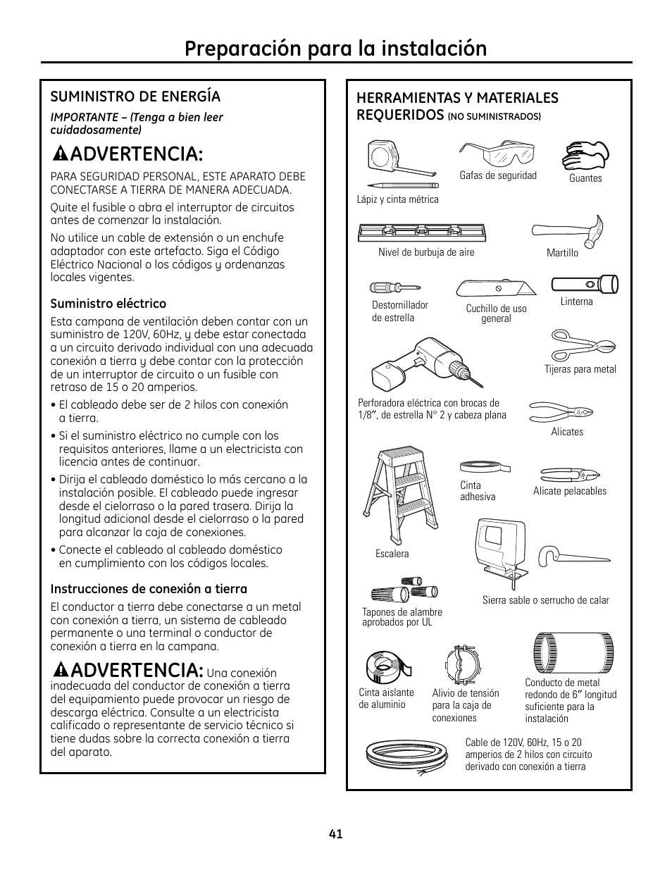 Suministro de energía, Herramientas y materiales requeridos, Preparación para la instalación | Advertencia | GE Monogram ZV755 User Manual | Page 41 / 56