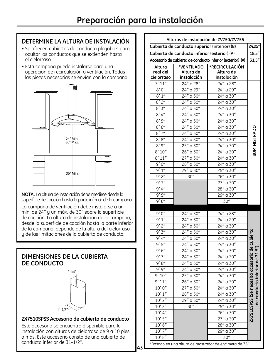 Establezca la altura de instalación, Preparación para la instalación, Determine la altura de instalación | Dimensiones de la cubierta de conducto | GE Monogram ZV755 User Manual | Page 43 / 56