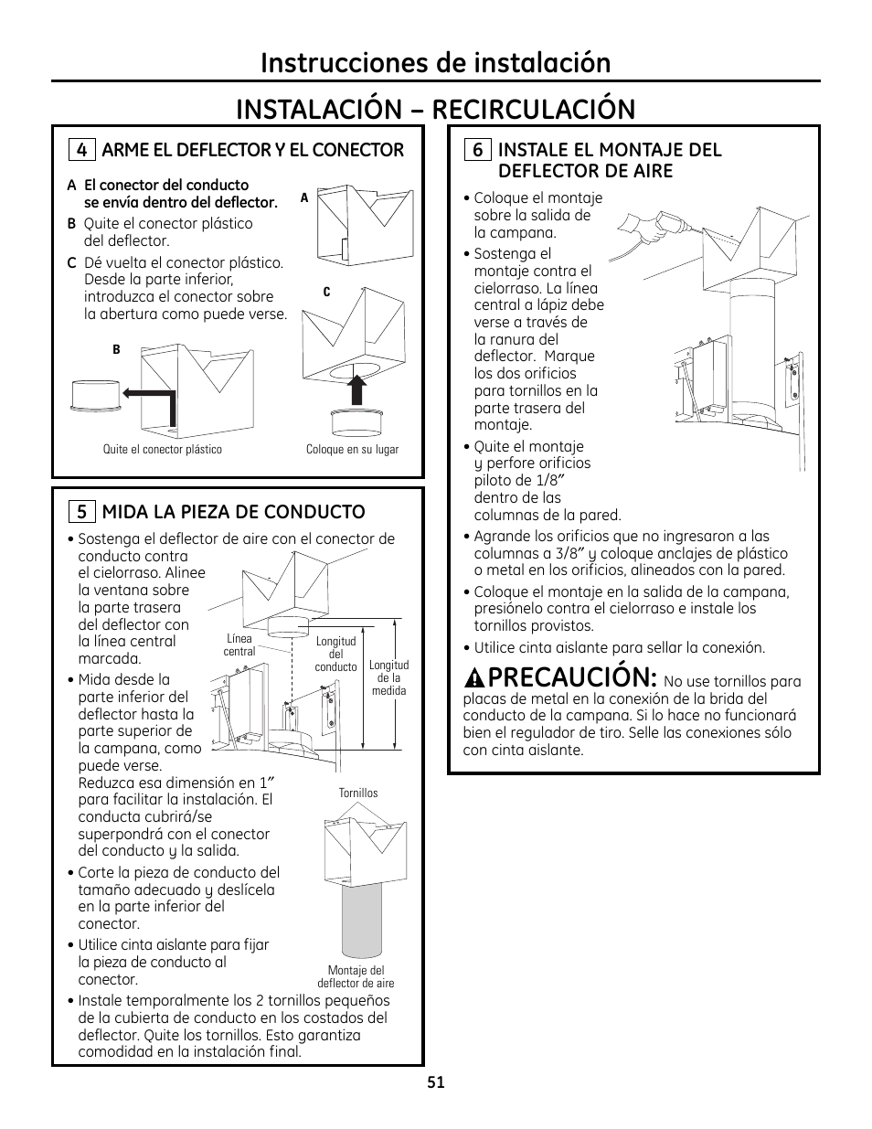 Paso 4, arme el deflector y el conector, Paso 5, mida la pieza del conducto, Paso 6, instale el montaje del deflector de aire | Precaución, Arme el deflector y el conector, 4instale el montaje del deflector de aire, 6mida la pieza de conducto | GE Monogram ZV755 User Manual | Page 51 / 56