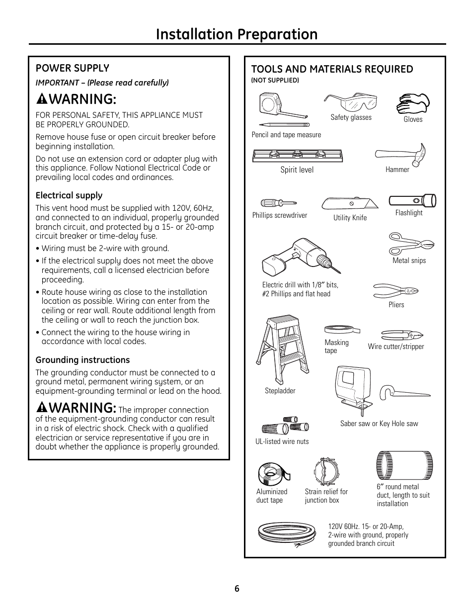 Power supply, Tools and materials required, Installation preparation | Warning | GE Monogram ZV755 User Manual | Page 6 / 56