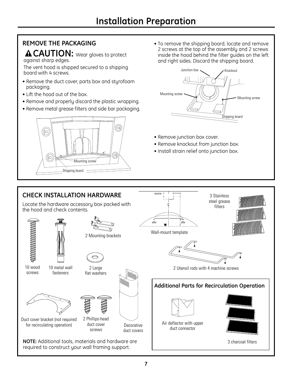 Remove the packaging, Check installation hardware, Installation preparation | Caution | GE Monogram ZV755 User Manual | Page 7 / 56