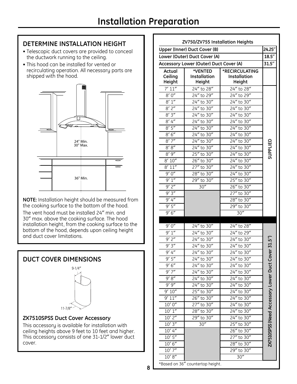 Determine installation height, Installation preparation, Duct cover dimensions | GE Monogram ZV755 User Manual | Page 8 / 56