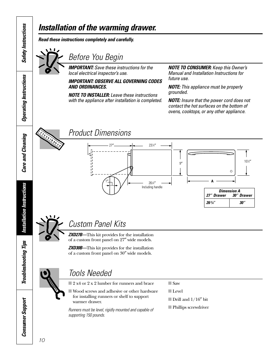 Installation instructions, Before you begin, Tools needed | Custom panel kits, Product dimensions, Installation of the warming drawer | GE JKD915 User Manual | Page 10 / 24