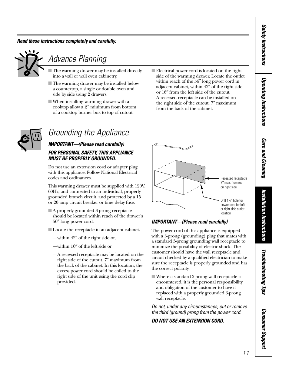 Advance planning, Grounding the appliance | GE JKD915 User Manual | Page 11 / 24