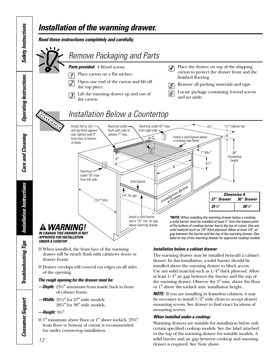 Installation below a countertop, Installation of the warming drawer, Remove packaging and parts | Warning, Read these instructions completely and carefully | GE JKD915 User Manual | Page 12 / 24
