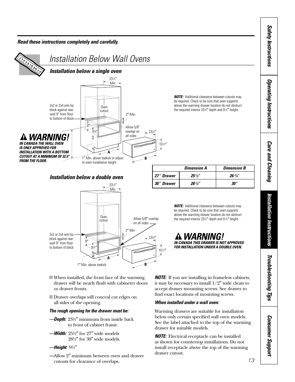 Installation below wall ovens, Warning, Installation below a single oven | Installation below a double oven, Read these instructions completely and carefully | GE JKD915 User Manual | Page 13 / 24