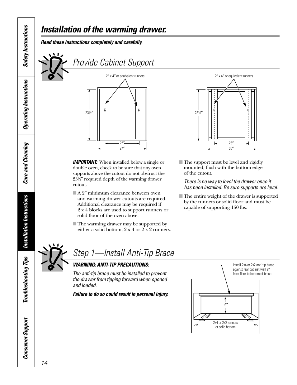 Step 1—install anti-tip brace, Provide cabinet support, Installation of the warming drawer | GE JKD915 User Manual | Page 14 / 24