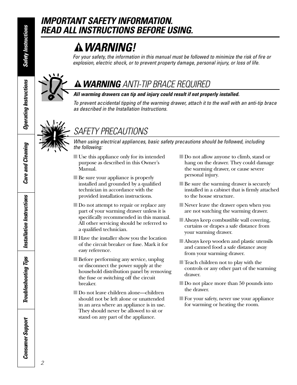 Safety instructions, Warning, Safety precautions | Warning anti-tip brace required | GE JKD915 User Manual | Page 2 / 24