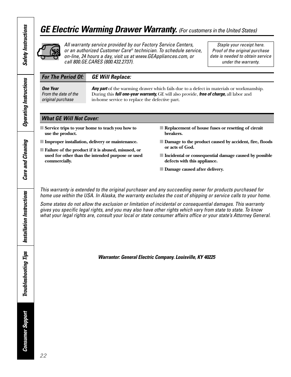 Warranty for customers in the u.s.a, Ge electric warming drawer warranty | GE JKD915 User Manual | Page 22 / 24