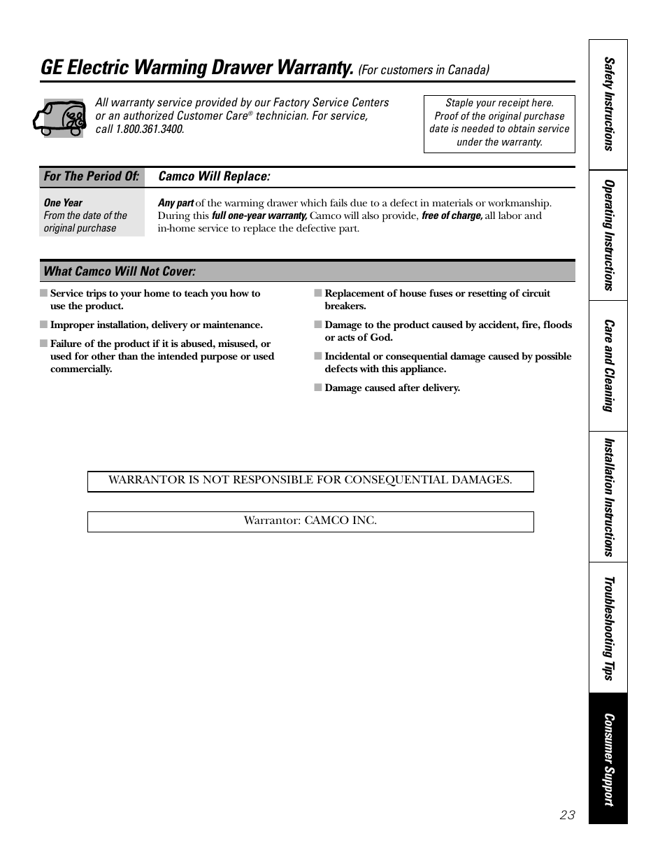 Warranty for customers in canada, Ge electric warming drawer warranty | GE JKD915 User Manual | Page 23 / 24