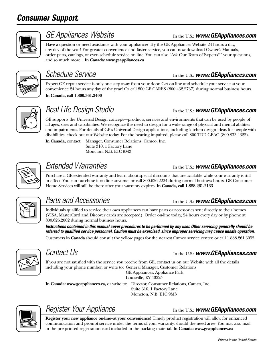 Consumer support, Consumer support . . . . .back cover, Consumer support. ge appliances website | Schedule service, Real life design studio, Extended warranties, Parts and accessories, Contact us, Register your appliance | GE JKD915 User Manual | Page 24 / 24