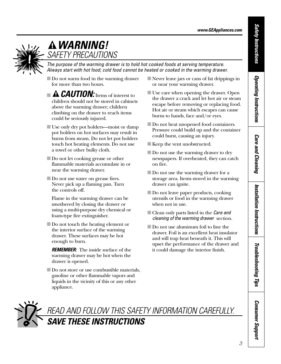 Warning, Caution | GE JKD915 User Manual | Page 3 / 24
