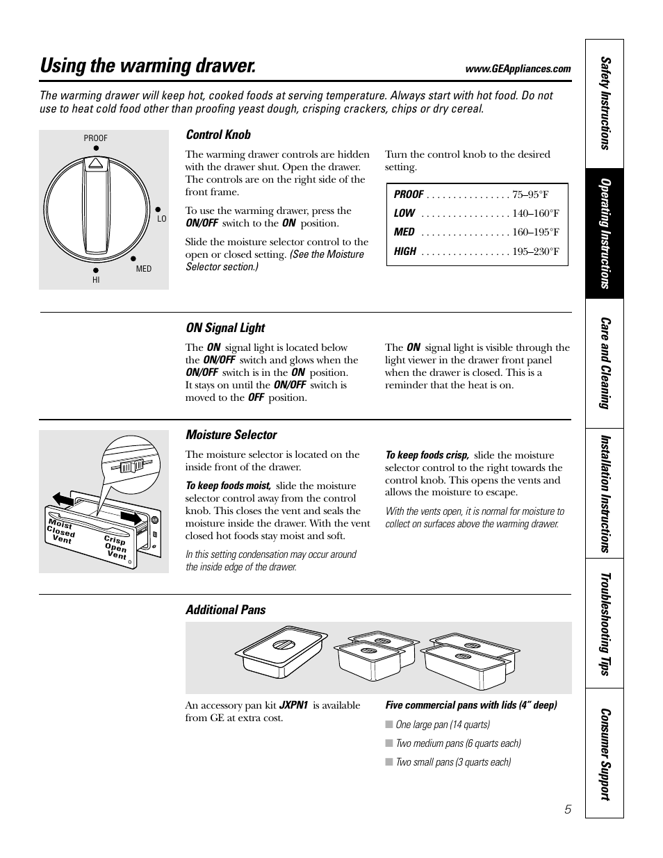 Control knob, Moisture selector, On signal light | Pans, Moisture selector on signal light pans, Using the warming drawer | GE JKD915 User Manual | Page 5 / 24