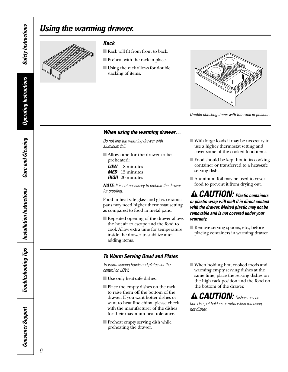 Drawer, Rack, Warming serving bowl and plates | Using the warming drawer, Caution | GE JKD915 User Manual | Page 6 / 24