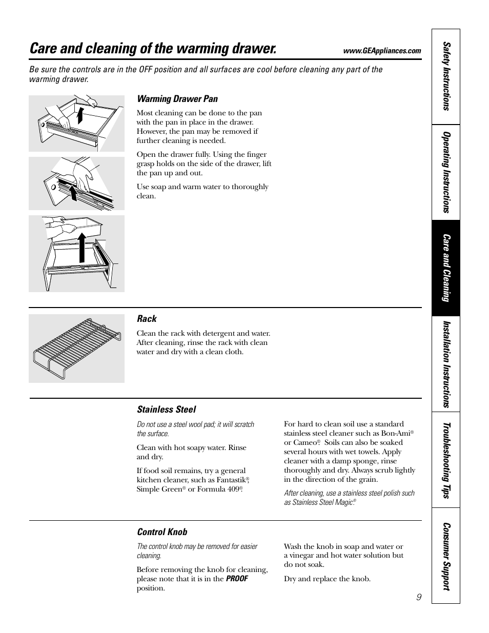 Care and cleaning, Care and cleaning of the warming drawer | GE JKD915 User Manual | Page 9 / 24