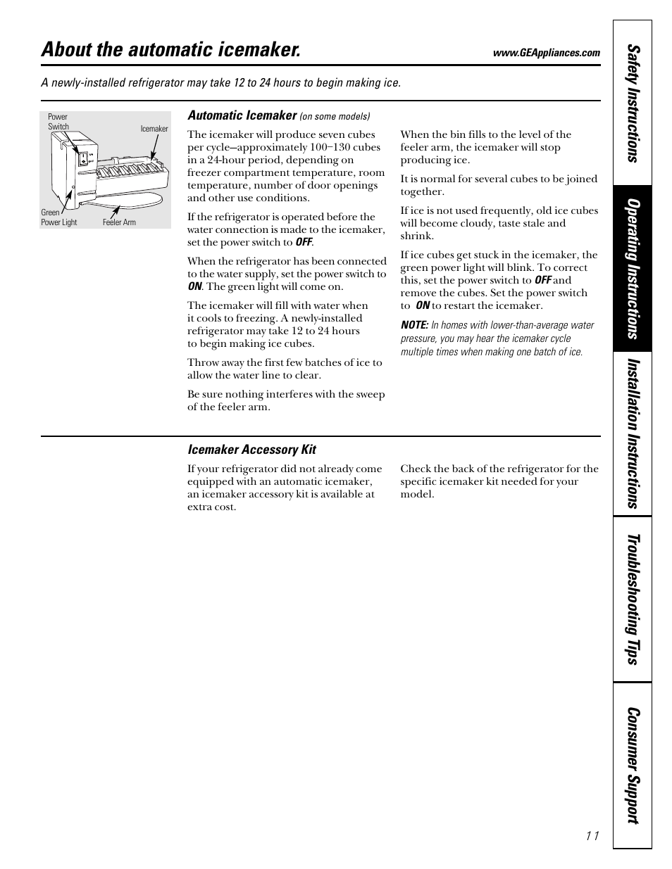 Automatic icemaker, About the automatic icemaker | GE 15 User Manual | Page 11 / 32