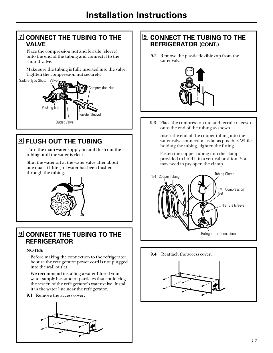 Installation instructions, Connect the tubing to the valve, Flush out the tubing | Connect the tubing to the refrigerator | GE 15 User Manual | Page 17 / 32