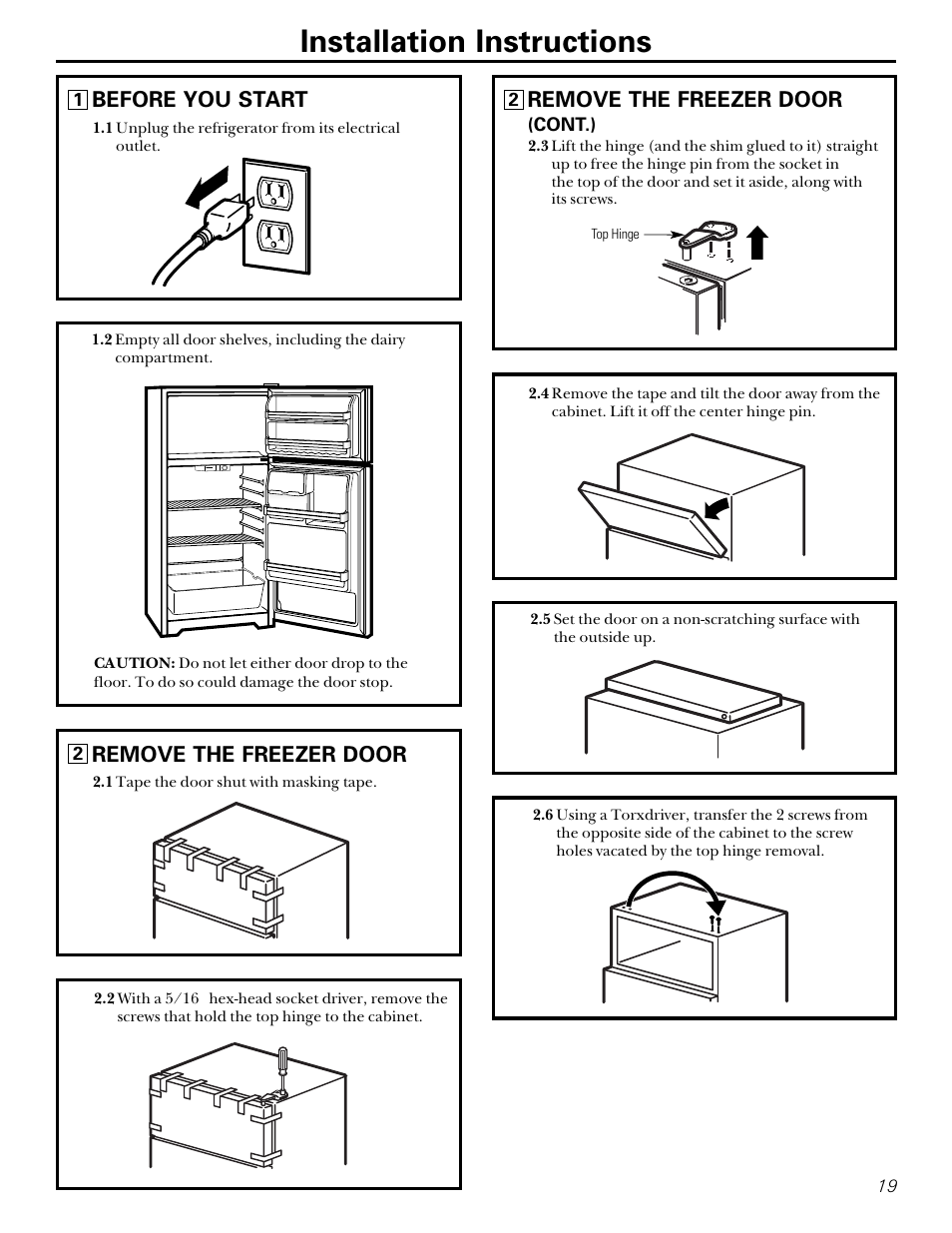 Installation instructions, Before you start, Remove the freezer door | GE 15 User Manual | Page 19 / 32