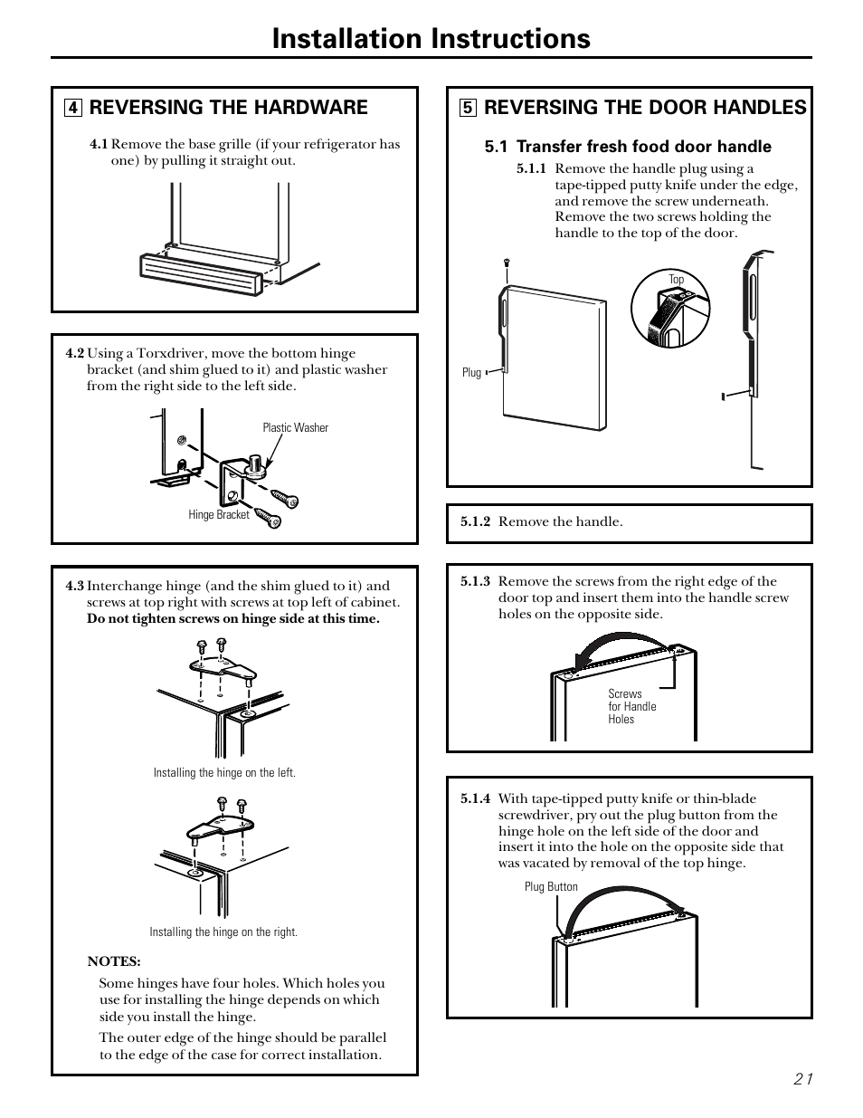 Installation instructions, Reversing the hardware, Reversing the door handles | GE 15 User Manual | Page 21 / 32