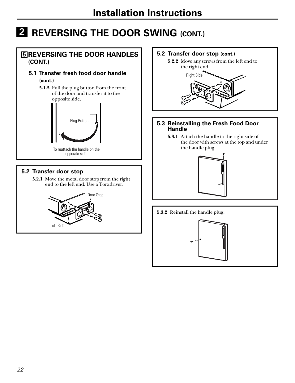 Installation instructions reversing the door swing, Cont.), Reversing the door handles | GE 15 User Manual | Page 22 / 32