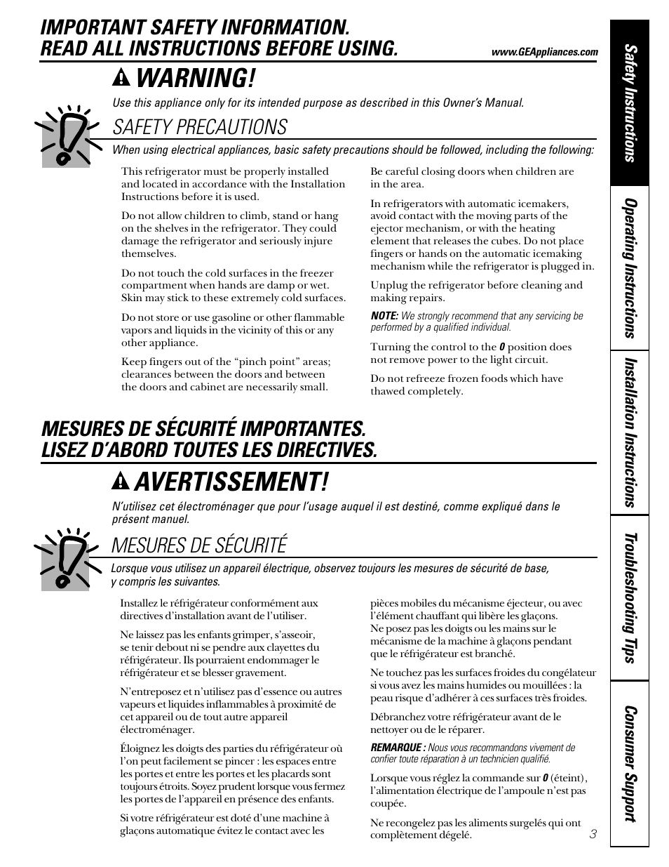 Safety precautions, Warning, Avertissement | Mesures de sécurité | GE 15 User Manual | Page 3 / 32