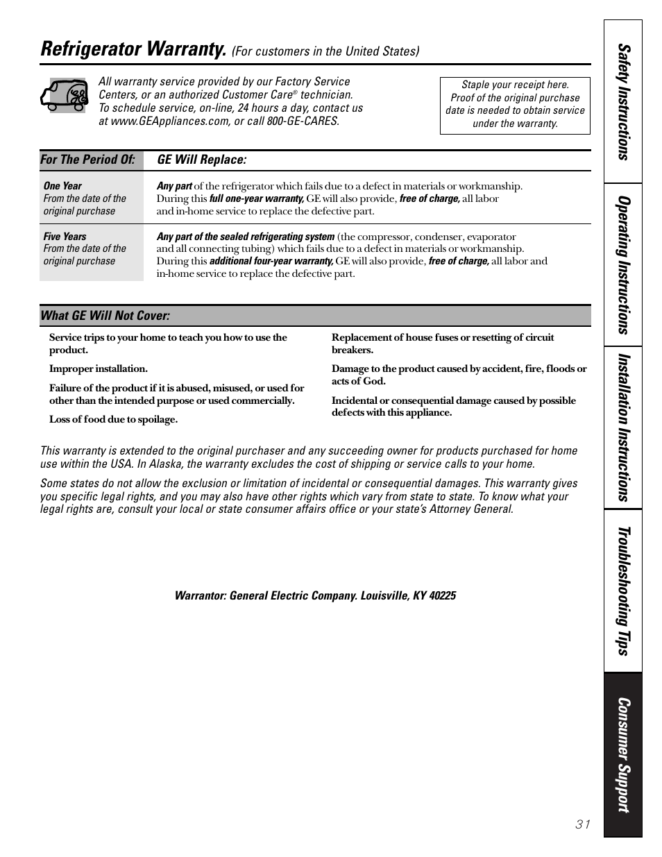 Warranty for u.s. customers, Refrigerator warranty | GE 15 User Manual | Page 31 / 32