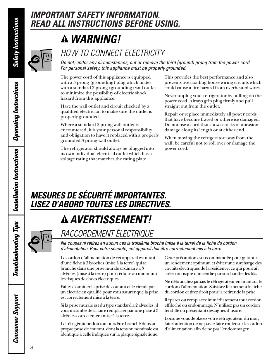 Connecting electricity, Warning, Avertissement | How to connect electricity, Raccordement électrique | GE 15 User Manual | Page 4 / 32