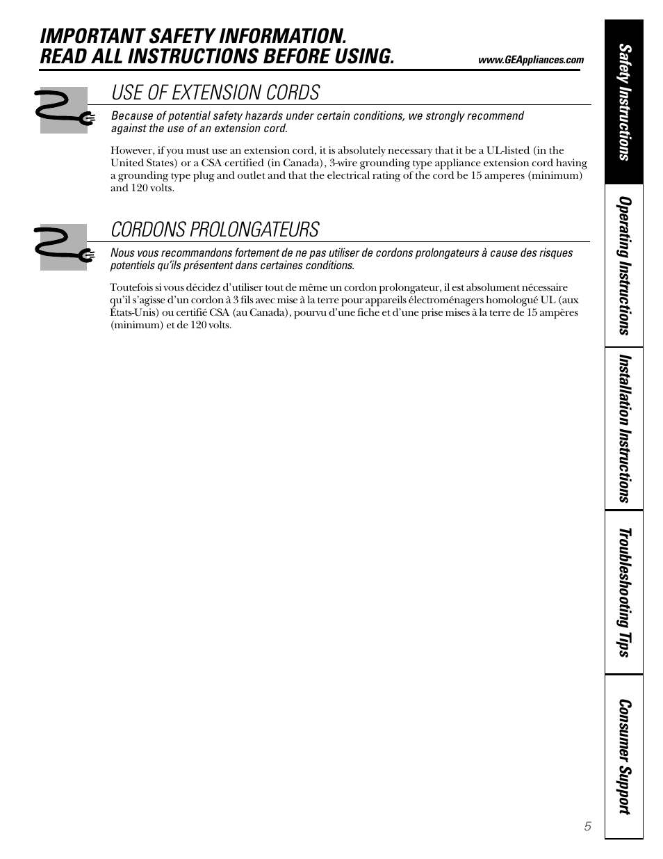 Extension cords, Cordons prolongateurs, Use of extension cords | GE 15 User Manual | Page 5 / 32