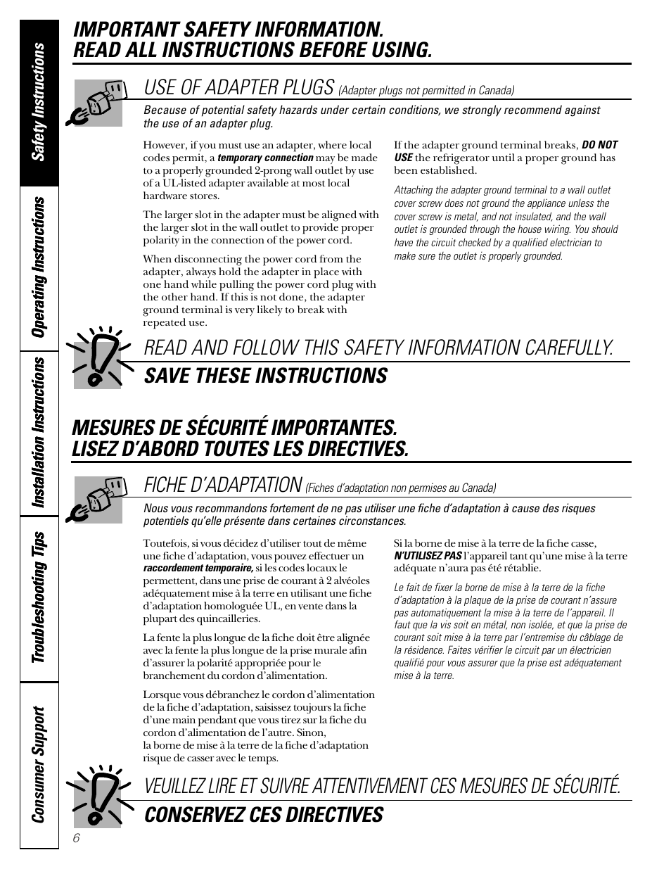 Adapter plugs, Fiche d’adaptation | GE 15 User Manual | Page 6 / 32