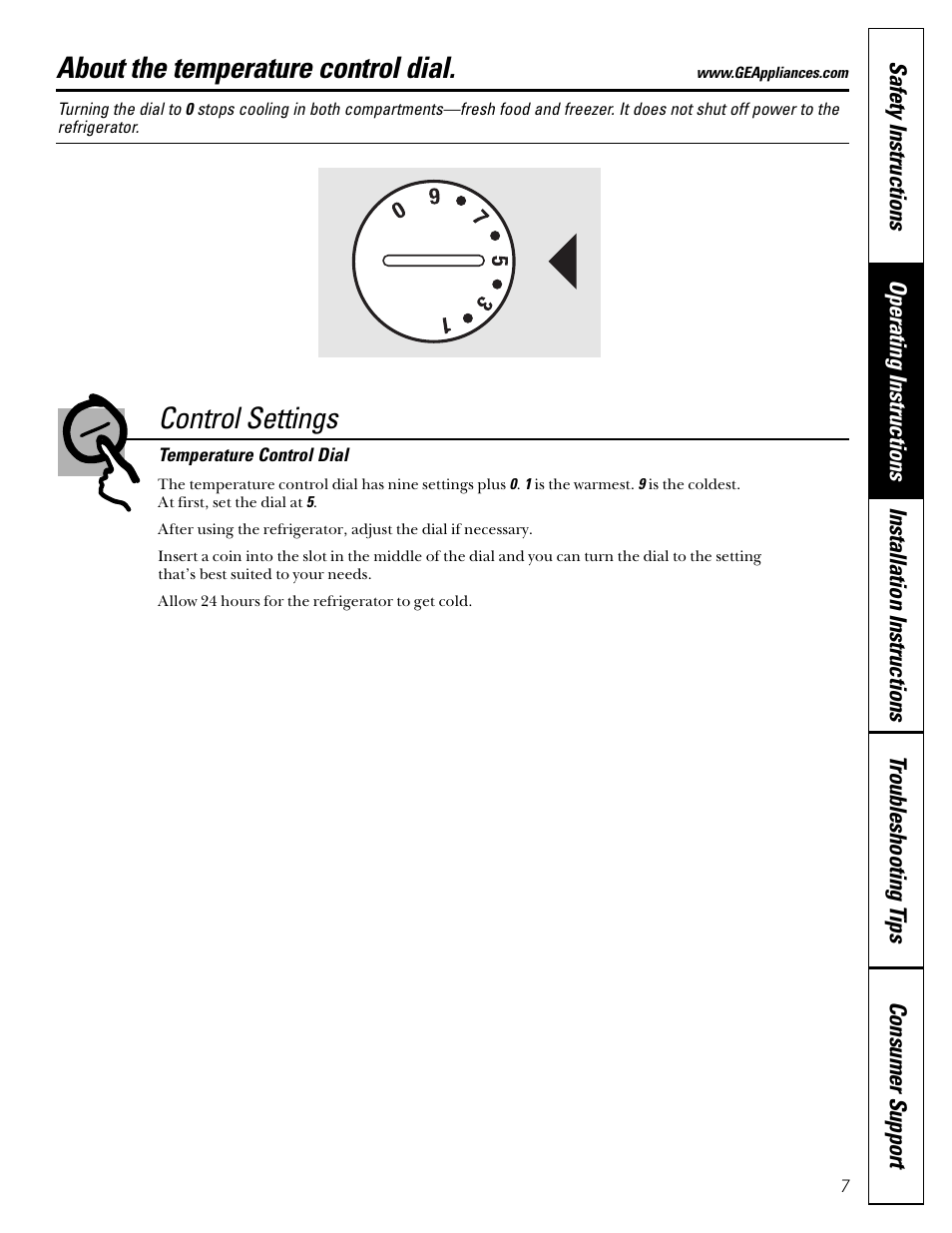 Temperature controls, About the temperature control dial, Control settings | GE 15 User Manual | Page 7 / 32