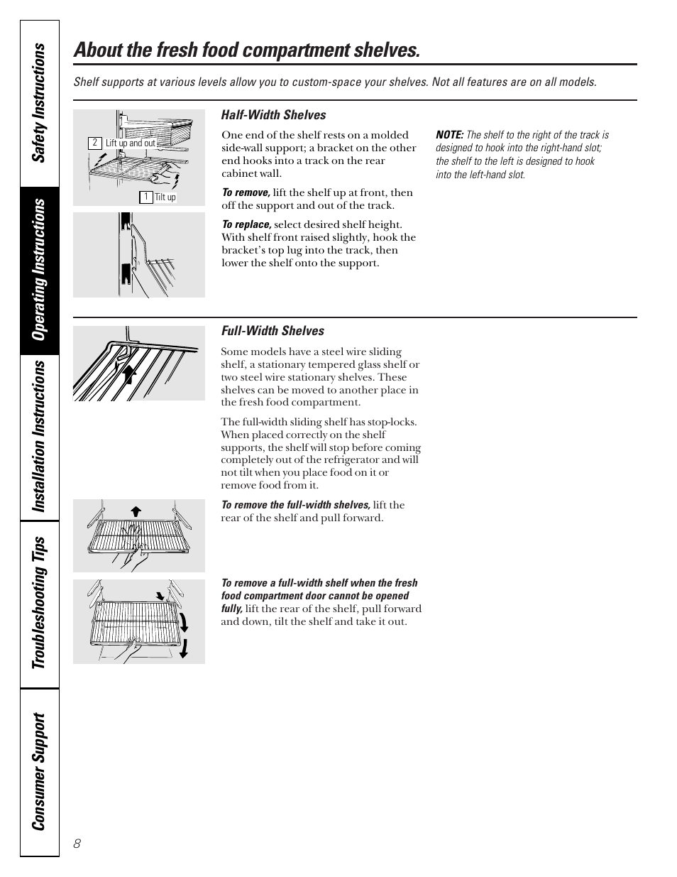 Shelves, Shelves , 9, About the fresh food compartment shelves | GE 15 User Manual | Page 8 / 32
