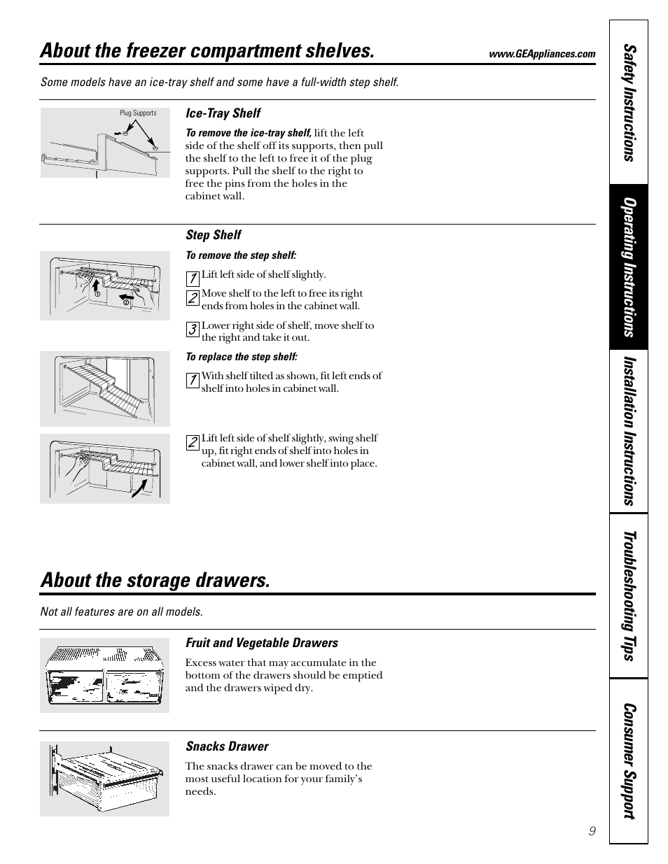 Storage drawers, Storage drawers , 10, About the freezer compartment shelves | About the storage drawers | GE 15 User Manual | Page 9 / 32