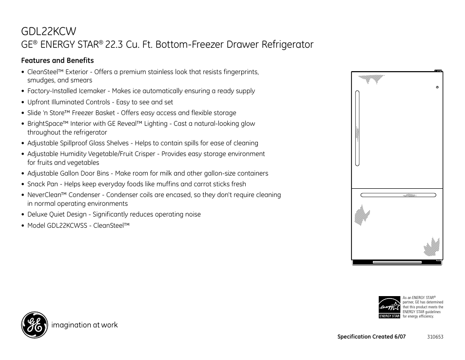 Gdl22kcw, Energy star, 3 cu. ft. bottom-freezer drawer refrigerator | GE GDL22KCW User Manual | Page 2 / 2