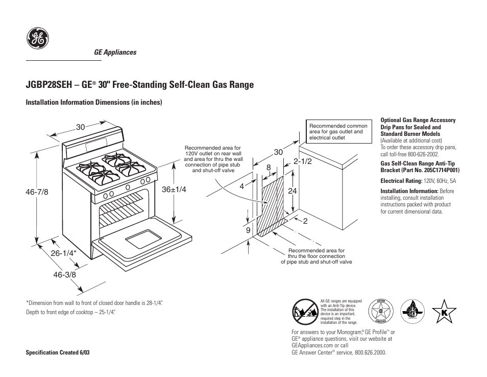 GE JGBP28SEH User Manual | 2 pages