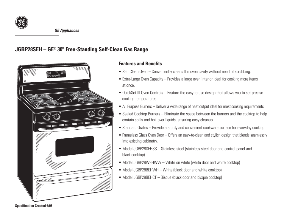 Jgbp28seh – ge, 30" free-standing self-clean gas range | GE JGBP28SEH User Manual | Page 2 / 2