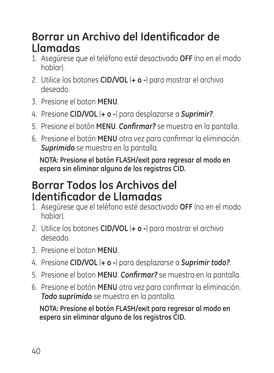 Borrar un archivo del identificador de llamadas | GE 27951 User Manual | Page 100 / 120