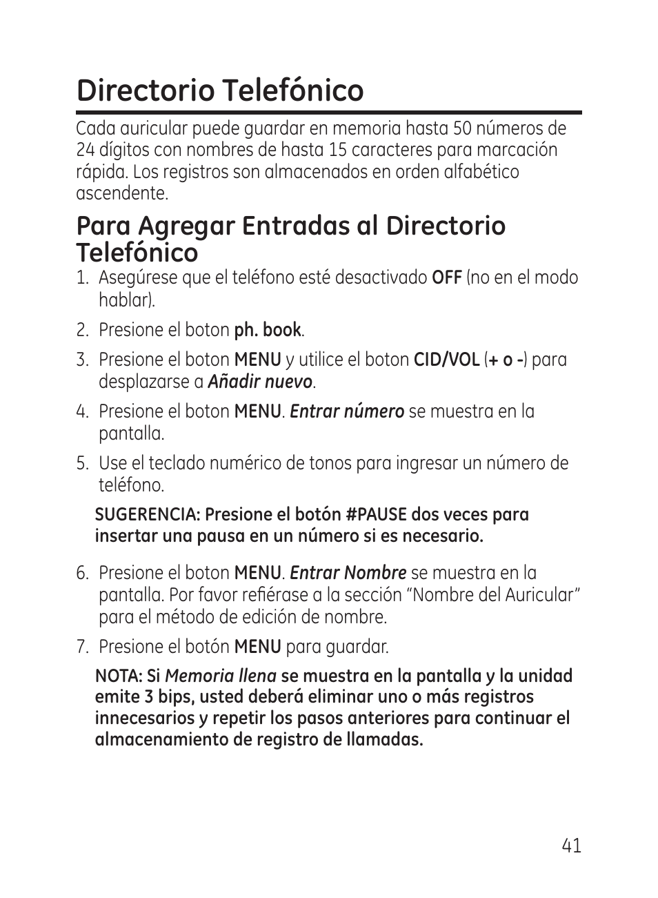 Directorio telefónico, Para agregar entradas al directorio telefónico | GE 27951 User Manual | Page 101 / 120