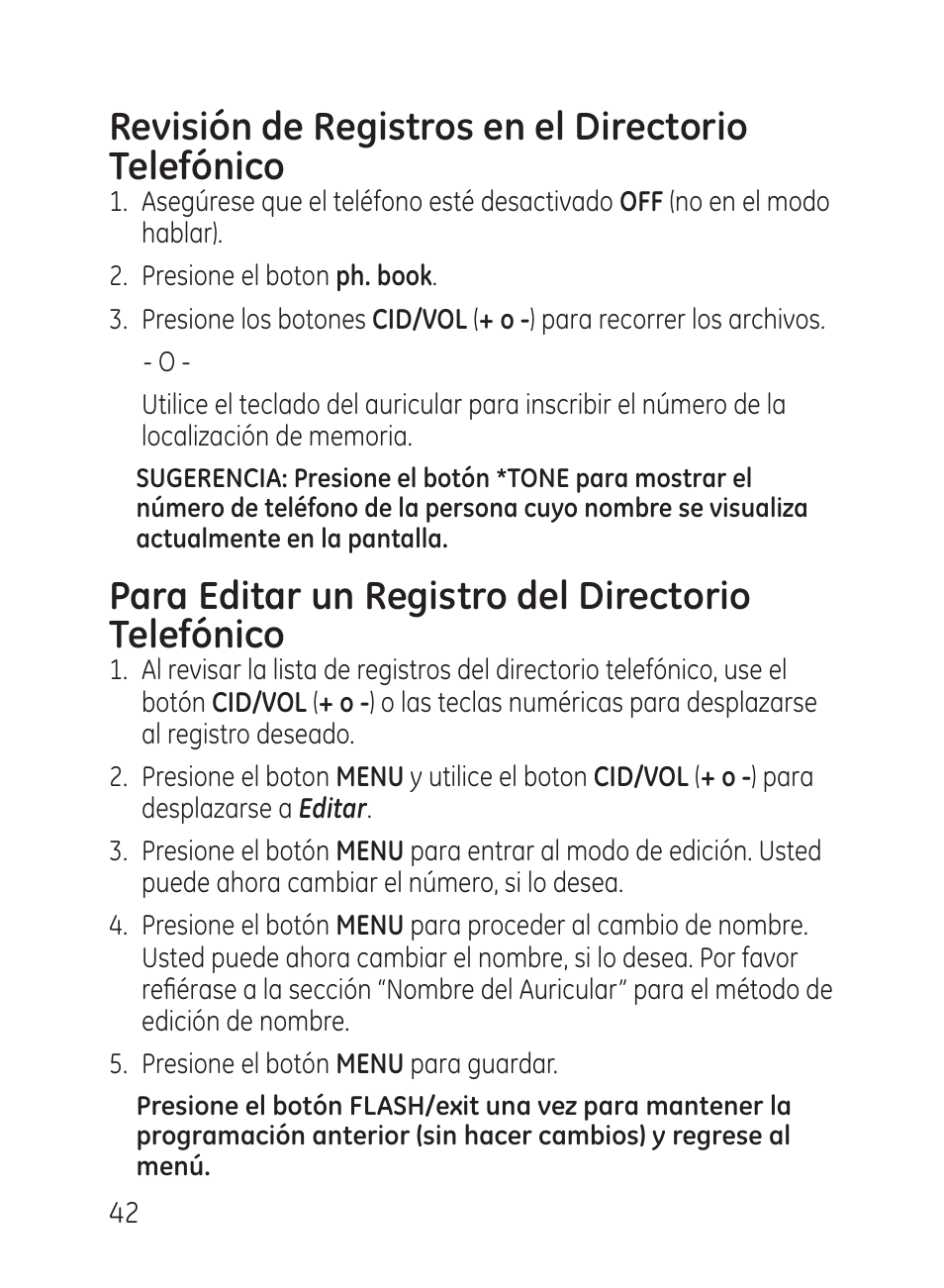 Revisión de registros en el directorio telefónico, Para editar un registro del directorio telefónico | GE 27951 User Manual | Page 102 / 120