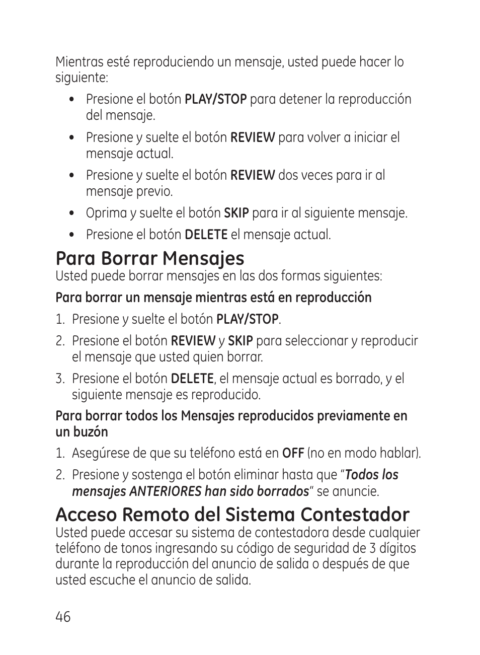 Para borrar mensajes, Acceso remoto del sistema contestador | GE 27951 User Manual | Page 106 / 120