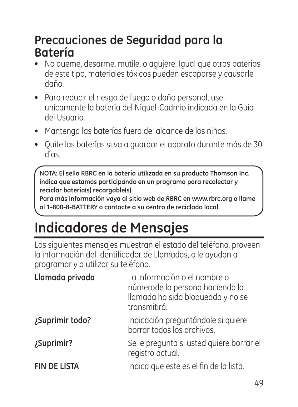 Indicadores de mensajes, Precauciones de seguridad para la batería | GE 27951 User Manual | Page 109 / 120