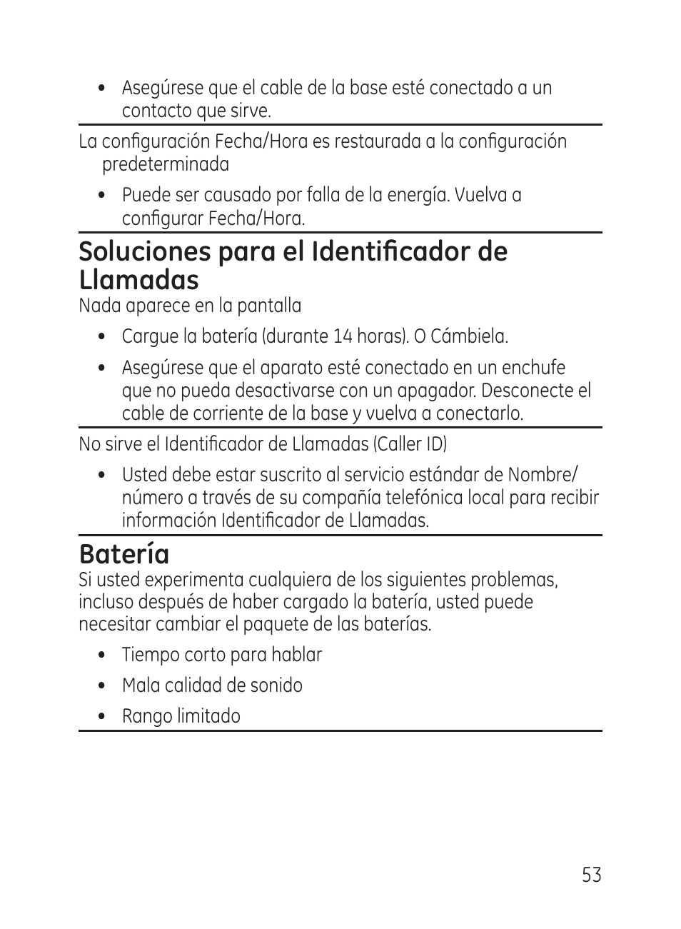 Soluciones para el identificador de llamadas, Batería | GE 27951 User Manual | Page 113 / 120